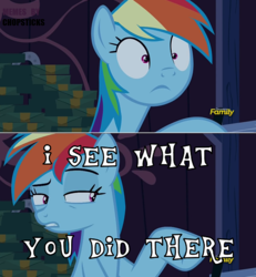 Size: 500x540 | Tagged: safe, screencap, rainbow dash, pony, 28 pranks later, g4, discovery family logo, female, i see what you did there, literal, meme, solo