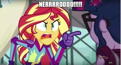 Size: 931x500 | Tagged: safe, edit, edited screencap, screencap, sci-twi, sunset shimmer, twilight sparkle, equestria girls, g4, my little pony equestria girls: friendship games, dragon ball, dragonball z abridged, image macro, male, meme, nerd, sunset yells at twilight, the simpsons