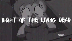 Size: 1600x900 | Tagged: dead source, safe, edit, edited screencap, screencap, pinkie pie, zombie, zombie pony, 28 pranks later, g4, black and white, cookie zombie, funny, grayscale, monochrome, night of the living dead, parody, youtube link