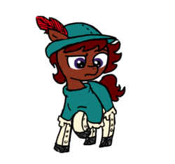 Size: 640x600 | Tagged: safe, artist:ficficponyfic, artist:methidman, color edit, edit, oc, oc only, oc:ruby rouge, earth pony, pony, colt quest, alternate color palette, child, clothes, colored, concerned, dress, feather, female, filly, foal, frown, hat, leggings, simple background, solo, tomboy, white background