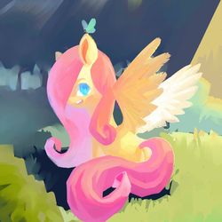 Size: 1024x1024 | Tagged: safe, artist:dirtytimi, fluttershy, butterfly, g4, female, looking at you, open mouth, solo