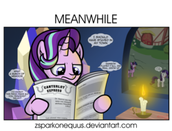 Size: 1675x1280 | Tagged: safe, artist:zsparkonequus, rarity, starlight glimmer, twilight sparkle, alicorn, pony, unicorn, 28 pranks later, g4, candle, comic, cookie zombie, female, hoof hold, implied derpy, implied doctor whooves, implied lord tirek, implied maud pie, implied princess cadance, implied thunderlane, mare, meanwhile, newspaper, no-showlight glimmer, rainbow muzzle, reading, srsly, thinking, twilight sparkle (alicorn), y'all