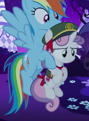 Size: 342x461 | Tagged: safe, screencap, rainbow dash, sweetie belle, pony, 28 pranks later, g4, cropped, female, filly, holding a pony, out of context, sweetie belle is not amused, the cmc's cutie marks, unamused