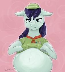 Size: 1095x1200 | Tagged: safe, artist:symplefable, coloratura, g4, :t, annoyed, belly, clothes, female, floppy ears, pregnant, rara, scrunchy face, solo, uniform