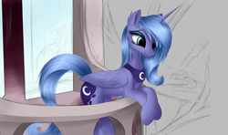 Size: 7296x4320 | Tagged: safe, artist:aurelleah, princess luna, g4, absurd resolution, balcony, cute, female, leaning, looking away, looking down, lunabetes, realistic, s1 luna, smiling, solo, wip