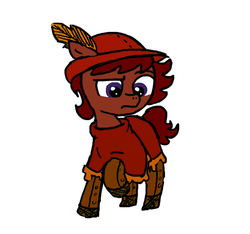 Size: 640x600 | Tagged: safe, artist:ficficponyfic, color edit, edit, oc, oc only, oc:ruby rouge, earth pony, pony, colt quest, alternate clothes, alternate color palette, child, clothes, color, colored, concerned, dress, feather, female, filly, foal, frown, hat, leggings, simple background, solo, story included, tomboy, white background