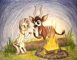 Size: 1326x1046 | Tagged: safe, artist:thefriendlyelephant, oc, oc only, oc:bakari, oc:nia the quagga, antelope, quagga, animal in mlp form, bongo antelope, bracelet, campfire, cloven hooves, commission, fire, horns, jewelry, log, necklace, nom, rock, s'mores, stripes