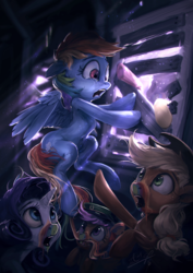 Size: 1020x1440 | Tagged: safe, artist:assasinmonkey, applejack, rainbow dash, rarity, scootaloo, earth pony, pegasus, pony, unicorn, zombie, 28 pranks later, g4, cookie zombie, crepuscular rays, crying, female, filly, filly guides, infected, mare, open mouth, rainbow muzzle, scene interpretation
