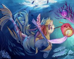 Size: 2000x1600 | Tagged: safe, artist:dirtytimi, oc, oc only, oc:lana, fish, sea pony, g4, coral, crepuscular rays, digital art, female, fish tail, flowing mane, flowing tail, mare, ocean, seaweed, smiling, sunlight, swimming, tail, underwater, water
