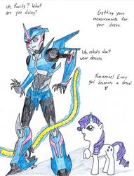 Size: 831x1085 | Tagged: safe, artist:frostedicefire, rarity, g4, arcee, crossover, traditional art, transformers, transformers prime