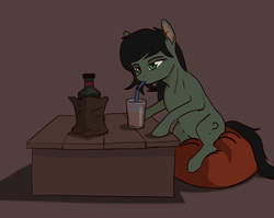 Size: 984x784 | Tagged: safe, artist:sevenpaperplates, oc, oc only, oc:filly anon, earth pony, pony, alcohol, beanbag chair, bored, drinking, drinking straw, female, filly, lidded eyes, sitting, solo