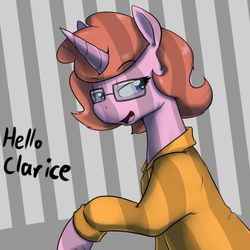 Size: 606x607 | Tagged: safe, artist:whatsapokemon, oc, oc only, oc:bright idea, pony, unicorn, clothes, hannibal lecter, jail, parody, prison outfit, silence of the lambs, solo, speech