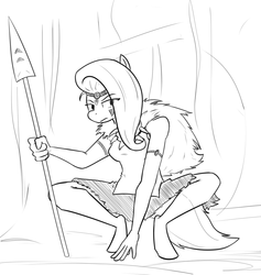 Size: 936x987 | Tagged: safe, artist:whatsapokemon, fluttershy, anthro, unguligrade anthro, g4, crossover, female, looking at you, monochrome, princess mononoke, solo, spear, squatting, studio ghibli, tribal, weapon