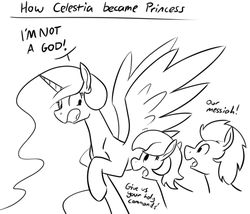 Size: 823x705 | Tagged: safe, artist:whatsapokemon, princess celestia, alicorn, pony, g4, monochrome, monty python, monty python's life of brian, open mouth, raised hoof, smiling, spread wings, wide eyes