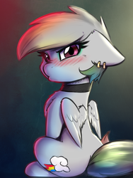 Size: 1800x2400 | Tagged: safe, artist:captainpudgemuffin, rainbow dash, pegasus, pony, g4, blushing, chest fluff, choker, cute, dashabetes, ear piercing, earring, female, floppy ears, fluffy, glare, jewelry, looking at you, looking back, mare, piercing, pouting, solo