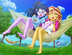 Size: 1153x884 | Tagged: safe, artist:uotapo, applejack, rarity, sci-twi, sunset shimmer, twilight sparkle, human, equestria girls, g4, my little pony equestria girls: legend of everfree, barefoot, blushing, camp everfree outfits, cute, duo, eyes closed, feet, female, grass, hammock, holding hands, jackabetes, laughing, legs, open mouth, ponytail, raribetes, screaming, shimmerbetes, sitting, smiling, surprised, sweet dreams fuel, toenails, toes, tree, twiabetes, uotapo is trying to murder us, uotapo will kill us all, weapons-grade cute, wide eyes