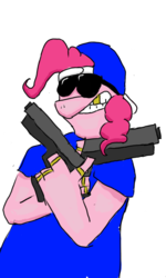 Size: 768x1280 | Tagged: safe, pinkie pie, g4, ambiguous gender, backwards ballcap, crippie pie, crips, gangsta, gangster, gold tooth, gun, gun shaped object, hat, pose, simple background, solo