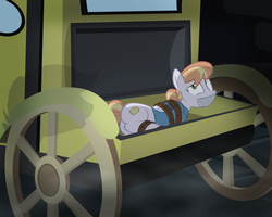 Size: 1024x819 | Tagged: safe, artist:radiantrealm, copper top, earth pony, pony, g4, bondage, clothes, duct tape, female, gag, kidnapped, manehattan, offscreen character, police, rope, rope bondage, scared, show accurate, solo, story in the comments, tape gag