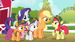 Size: 1920x1080 | Tagged: safe, screencap, apple bloom, applejack, rarity, scootaloo, sweetie belle, 28 pranks later, g4, cutie mark, cutie mark crusaders, filly guides, the cmc's cutie marks