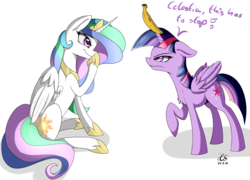 Size: 3769x2707 | Tagged: safe, artist:ho7y5hoxx, princess celestia, twilight sparkle, alicorn, pony, g4, banana, bananalestia, chest fluff, food, frown, high res, hoof shoes, horn, horn impalement, peytral, prank, raised hoof, sillestia, silly, simple background, smirk, transparent background, trollestia, twilight sparkle (alicorn)