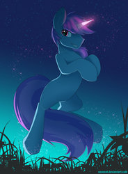 Size: 1024x1391 | Tagged: safe, artist:neoncel, oc, oc only, oc:ternic, pony, unicorn, colored, floating, foreground, glowing horn, grass, horn, levitation, long tail, looking at you, magic, male, smiling, solo, sparkles