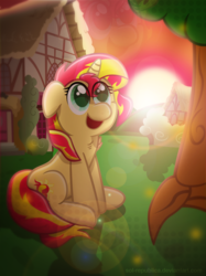 Size: 2245x3000 | Tagged: safe, artist:sol-r, artist:zacatron94, sunset shimmer, pony, unicorn, g4, amazed, cute, female, floppy ears, funny, happy, high res, house, looking up, open mouth, shimmerbetes, silly, silly pony, sitting, smiling, solo, sun, sunset, tree, wide eyes
