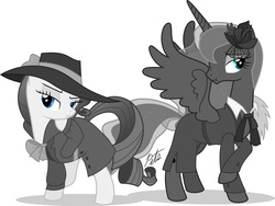 Size: 1280x962 | Tagged: safe, artist:camo-pony, princess luna, rarity, alicorn, pony, unicorn, g4, :t, clothes, detective rarity, female, grayscale, hat, mare, monochrome, noir, nose wrinkle, partial color, simple background, white background