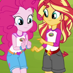 Size: 420x420 | Tagged: safe, screencap, pinkie pie, sunset shimmer, equestria girls, g4, my little pony equestria girls: legend of everfree, cropped