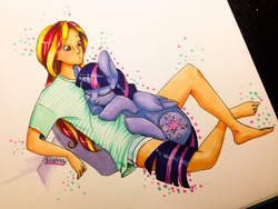 Size: 3264x2448 | Tagged: safe, artist:theorderofalisikus, sunset shimmer, twilight sparkle, pony, equestria girls, g4, barefoot, clothes, eyes closed, feet, female, high res, lesbian, mare, ship:sunsetsparkle, shipping, shorts, snuggling, t-shirt, traditional art, twilight sparkle (alicorn)