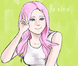 Size: 3500x3000 | Tagged: safe, artist:huggingskulls, fluttershy, human, g4, clothes, female, high res, humanized, peace sign, smiling, solo, tank top