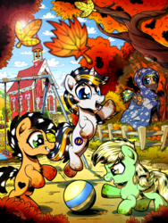 Size: 2000x2666 | Tagged: safe, artist:gray--day, oc, oc only, oc:blackmane, oc:golden cloud, oc:nightflame, oc:sunshield, autumn, ball, cape, clothes, falling leaves, female, filly, high res, jumping, leaves, looking at you, playing, recess, school, swing