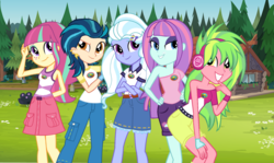 Size: 1484x884 | Tagged: safe, artist:sunsetshimmer333, artist:themexicanpunisher, edit, indigo zap, lemon zest, sour sweet, sugarcoat, sunny flare, equestria girls, g4, legend of everfree, clothes swap, crystal prep shadowbolts, headphones, shadow five