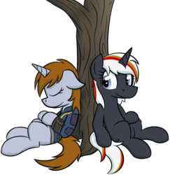 Size: 891x918 | Tagged: safe, artist:moemneop, oc, oc only, oc:littlepip, oc:velvet remedy, pony, unicorn, fallout equestria, clothes, fanfic, fanfic art, female, horn, jumpsuit, mare, pipbuck, simple background, sleeping, transparent background, tree, vault suit