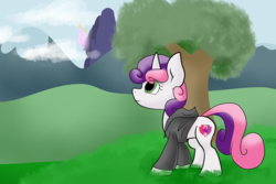 Size: 3300x2200 | Tagged: safe, artist:bravefleet, sweetie belle, g4, canterlot, clothes, cutie mark, female, high res, hill, hoodie, smiling, solo, the cmc's cutie marks, tree