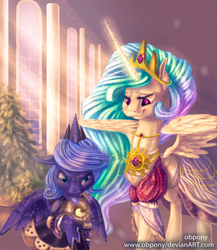 Size: 2000x2300 | Tagged: safe, artist:lulemt, princess celestia, princess luna, g4, big sislestia, clothes, dress, high res, jewelry, luna is not amused, modified accessory, necklace, royal sisters, s1 luna, size difference, smuglestia, spread wings, tiara, unamused