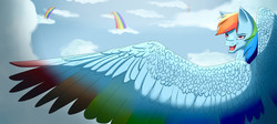 Size: 3776x1698 | Tagged: safe, artist:twigpony, rainbow dash, g4, cloud, colored wings, female, flying, large wings, looking back, multicolored wings, rainbow, rainbow wings, smiling, solo, spread wings