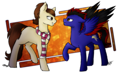 Size: 2873x1936 | Tagged: safe, artist:cloud-drawings, artist:speed-chaser, oc, oc only, oc:sina, oc:speed chaser, earth pony, pegasus, pony, clothes, collaboration, scarf, simple background, transparent background