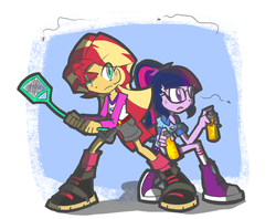 Size: 600x474 | Tagged: safe, artist:rvceric, sci-twi, sunset shimmer, twilight sparkle, mosquito, equestria girls, g4, my little pony equestria girls: legend of everfree, bug spray, clothes, converse, flyswatter, mosquitoes, shoes, sneakers