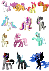 Size: 1000x1438 | Tagged: safe, artist:emilou1985, apple bloom, babs seed, cheerilee, featherweight, king sombra, lyra heartstrings, nightmare moon, octavia melody, princess cadance, princess celestia, queen chrysalis, scootaloo, sweetie belle, g4, cutie mark crusaders