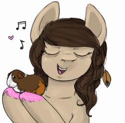 Size: 612x604 | Tagged: safe, artist:colorlesscupcake, oc, oc only, oc:daydream, guinea pig, cute, eyes closed, feather, fluffy, heart, hoof hold, music notes, open mouth, pet, simple background, singing, smiling, white background