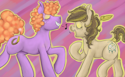 Size: 1155x713 | Tagged: safe, artist:colorlesscupcake, oc, oc only, oc:daydream, oc:fuzz, earth pony, pony, duo, eyes closed, female, freckles, grin, male, mare, music notes, open mouth, open smile, raised hoof, raised leg, singing, smiling, stallion, tail