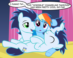 Size: 2316x1844 | Tagged: safe, artist:badumsquish, derpibooru exclusive, rainbow dash, soarin', changeling, pegasus, pony, a canterlot wedding, g4, alternate ending, badumsquish is trying to murder us, cuddle puddle, cuddling, cute, dialogue, disguise, disguised changeling, female, good end, group, happy, harem, looking at you, male, multeity, nuzzling, on back, open mouth, petting, pony pile, raised eyebrow, ship:soarindash, shipping, smiling, snuggling, soarinbetes, straight, wingless