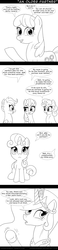 Size: 650x2795 | Tagged: safe, artist:deusexequus, apple bloom, cheerilee, princess celestia, scootaloo, sweetie belle, earth pony, pegasus, pony, unicorn, g4, comic, cutie mark crusaders, female, filly, mare, monochrome