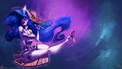Size: 1920x1080 | Tagged: safe, alternate version, artist:atryl, princess luna, human, g4, abstract background, big breasts, board, breasts, busty princess luna, cleavage, clothes, crystal, devil horn (gesture), dress, eyes closed, female, floating wings, hat, humanized, magic, open mouth, sandals, singing, sitting, solo, sun hat, wallpaper, wings
