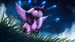 Size: 2000x1125 | Tagged: safe, artist:blackligerth, twilight sparkle, alicorn, pony, g4, female, meteor, meteor shower, night, raised hoof, solo, spread wings, stars, twilight sparkle (alicorn)