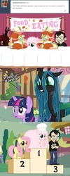 Size: 650x1625 | Tagged: safe, artist:mixermike622, fluttershy, queen chrysalis, twilight sparkle, oc, oc:fluffle puff, oc:marksaline, alicorn, human, pony, tumblr:ask fluffle puff, g4, ask, chef's hat, comic, crossover, dan, dan vs, dialogue, eating contest, food, hat, meat, olympics, podium, ponies eating meat, thousand yard stare, tumblr, twilight sparkle (alicorn)