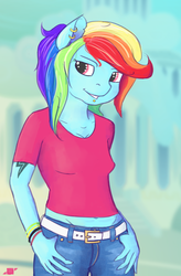 Size: 764x1167 | Tagged: safe, artist:shiropoint, rainbow dash, anthro, g4, clothes, ear piercing, earring, female, jewelry, midriff, pants, piercing, short shirt, solo, t-shirt