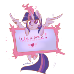 Size: 1000x1000 | Tagged: safe, artist:zakkurro, twilight sparkle, alicorn, pony, g4, female, flying, glowing horn, horn, magic, sign, simple background, solo, tongue out, transparent background, twilight sparkle (alicorn)