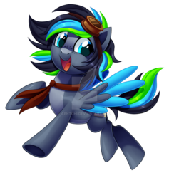 Size: 1024x1080 | Tagged: safe, artist:centchi, oc, oc only, oc:lottie ashmore, pegasus, pony, coat markings, colored wings, colored wingtips, female, flying, freckles, goggles, looking at you, mare, multicolored hair, multicolored tail, obtrusive watermark, open mouth, simple background, smiling, solo, spread wings, transparent background, underhoof, watermark, wings
