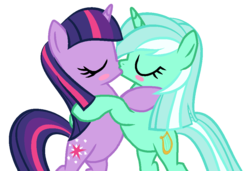 Size: 980x670 | Tagged: safe, artist:berrypunchrules, lyra heartstrings, twilight sparkle, pony, unicorn, g4, alternate hairstyle, base used, duo, eyes closed, female, kiss on the lips, kissing, lesbian, mare, ship:twyra, shipping, simple background, transparent background, unicorn twilight